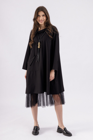 Rochii din Jerseu - Rochie neagra oversize din stofa subtire suprapusa, cu buzunar si guler rasucit