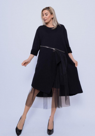Rochii masuri mari - Rochie neagra din bumbac cu fermoar si tulle