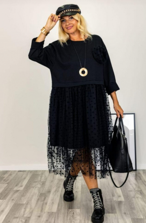 Rochii masuri mari - Rochie neagra din bumbac, cu suprapunere tulle cu bulinute