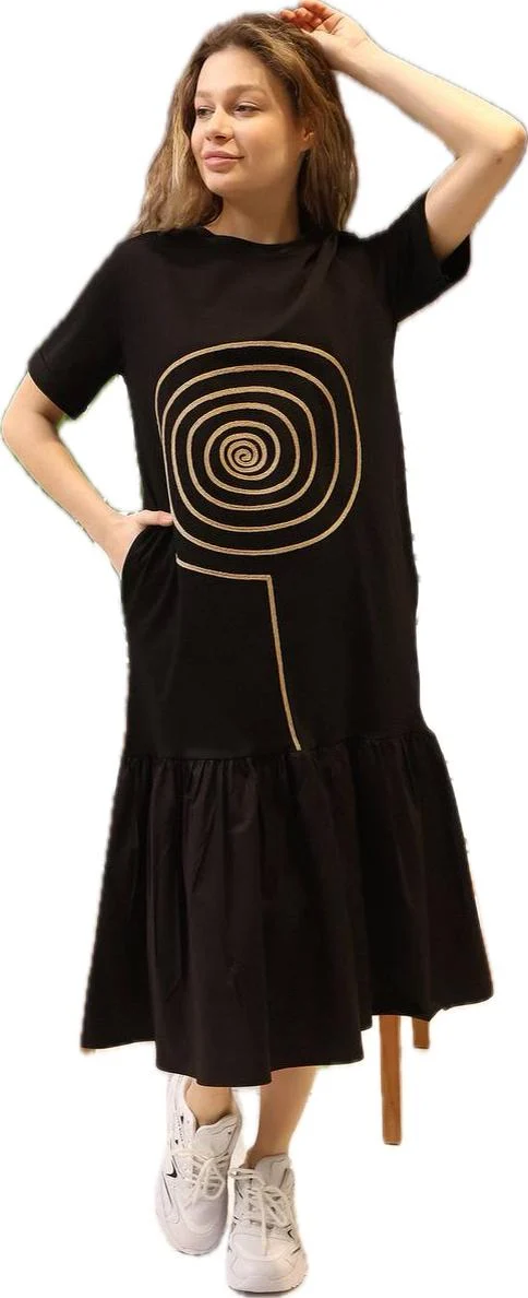 Rochie neagra din jerseu cu aplicatie aurie Lollipop si volan de poplin de bumbac, cu maneca scurta [1]