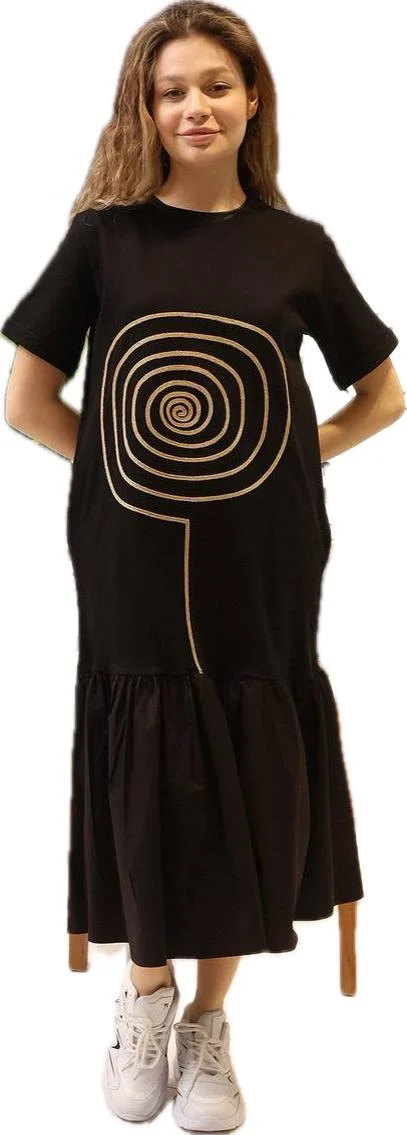 Rochie neagra din jerseu cu aplicatie aurie Lollipop si volan de poplin de bumbac, cu maneca scurta [0]