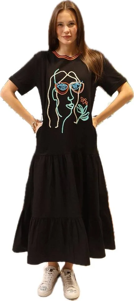 Rochie neagra din jerseu cu aplicatie grafica chip color si volan de poplin de bumbac, cu maneca scurta [0]