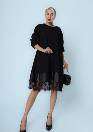 Rochii din Jerseu - Rochie neagra midi din punto milano cu volan din dantela si piele ecologica