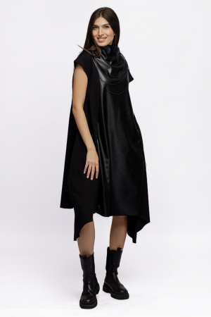 Rochii Casual - Rochie neagra in colturi din jerseu de bumbac punto milano, cu insertie de piele ecologica