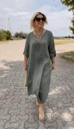 Rochii din In - Rochie din in, cu doi nasturi decorativi pe piept, kaki