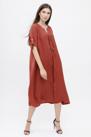 Rochii din In - Rochie din in, cu doi nasturi decorativi pe piept, caramizie