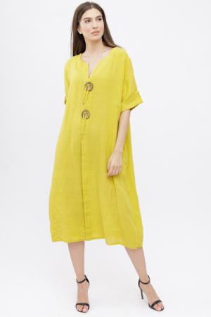 Rochii din In - Rochie din in, cu doi nasturi decorativi pe piept, galbena