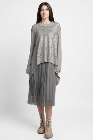 Rochii Casual - Rochie suprapusa din tulle plisat, cu pulover in colturi oversize cu paiete, gri