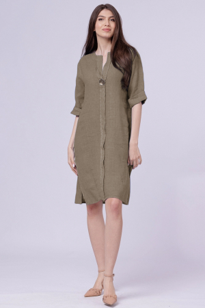 Rochii din In - Rochie tunica din in bej inchis, cu nasture metalic decorativ