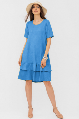 Rochii din In - Rochie albastra `A line` midi, cu doua volane poale, din in mercerizat