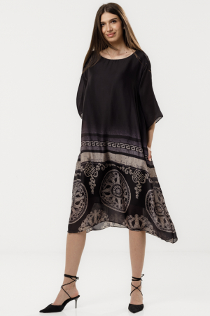 Rochii Elegante & Office - Rochie eleganta satinata A-line cu imprimeu baroc si croi lejer elegant, alb-negru