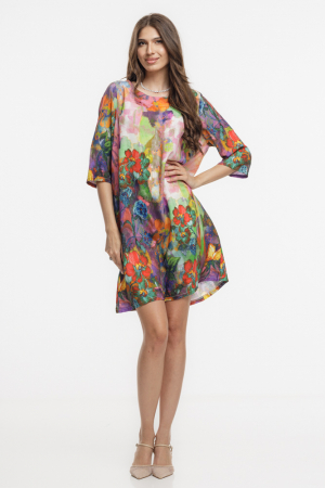 Rochii Casual - Rochie midi, dreapta, din vascoza fina, cu imprimeu pictural predominant mov