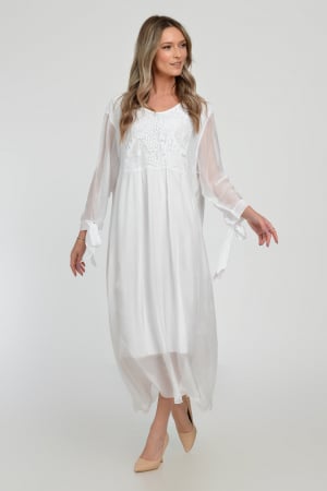Rochii Elegante & Office - Rochie alba lunga, din matase si vascoza cu platca din dantela pe fata si pe spate