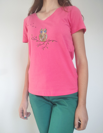 Tricouri Pictate Manual - Tricou roz cu  bufnița pictata