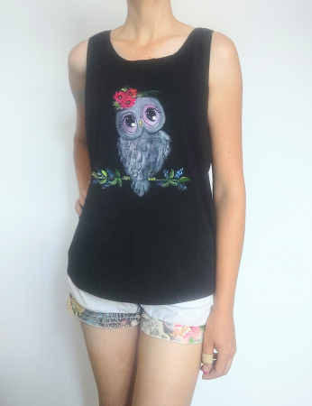 Tricouri Pictate Manual - Maiou negru pictat manual cu bufnita
