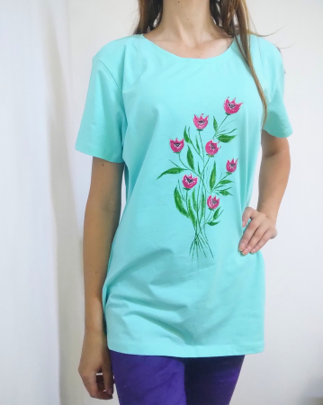 Tricouri Pictate Manual - Tricou turcoaz, pictat manual ,cu lalele