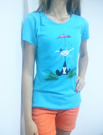 Tricouri Pictate Manual - Tricou turcoaz pictat manual cu pisicuta și umbrela
