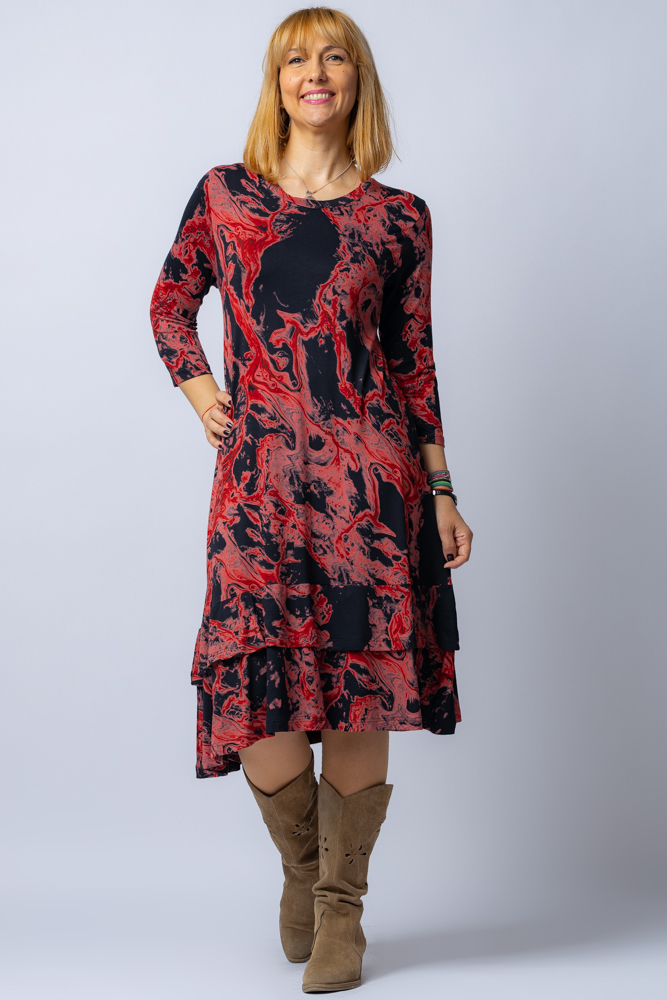 Rochie  A line  midi, din vascoza cu imprimeu bordo si doua volane poale