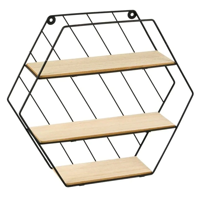 Raft decorativ cu 3 polite pentru perete din metal, forma hexagonala, Negru/Crem [2]