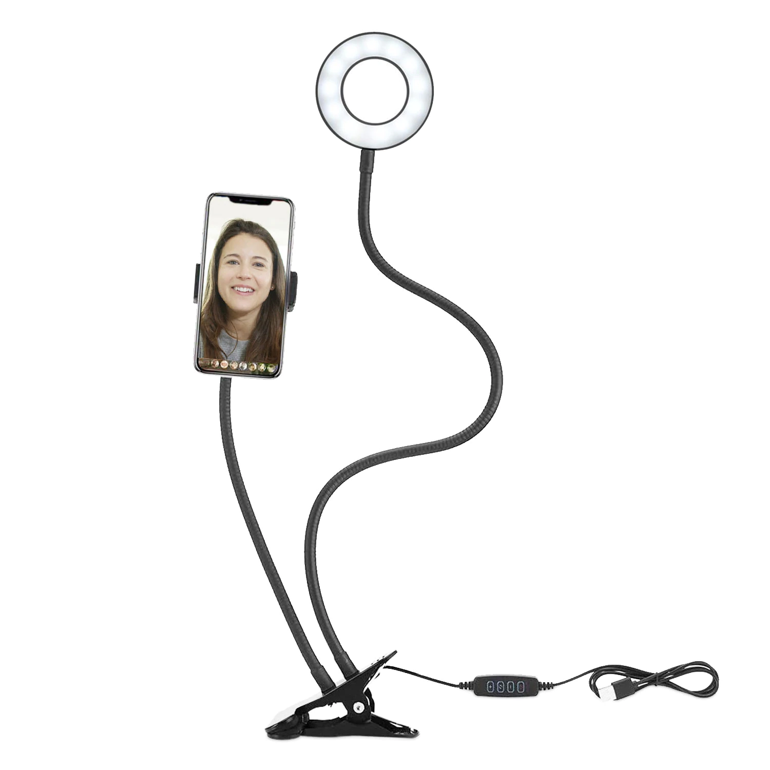 Suport flexibil universal pentru telefon cu lumina led circulara si clema de prindere - Sistem 2 in 1 pentru livestreaming, video call, vlogging, selfie, sedinte si prezentari Zoom [4]
