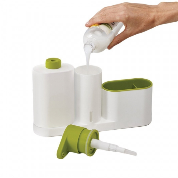 Set organizator de chiuveta 3 in 1, Dispenser Detergent de Vase, Sapun Lichid si Suport pentru Burete de Bucatarie, alb/verde [4]