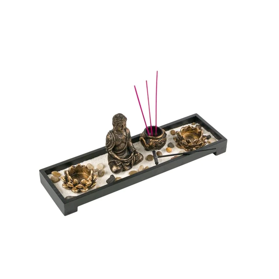 Set decorativ suport pentru lumanari si betisoare parfumate "Buddha", Negru-Bronz [2]