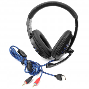 Casti gaming cu microfon,LED albastru, Negru, Microfon cu functie de reducere a zgomotului, Pernute din piele [1]