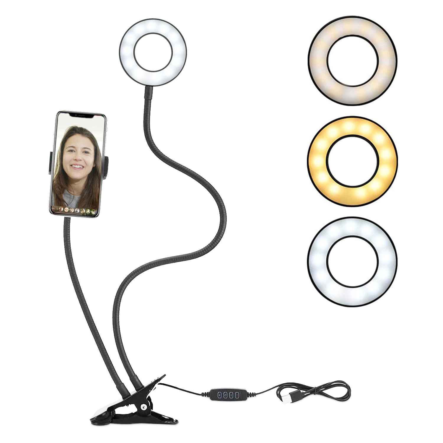 Suport flexibil universal pentru telefon cu lumina led circulara si clema de prindere - Sistem 2 in 1 pentru livestreaming, video call, vlogging, selfie, sedinte si prezentari Zoom