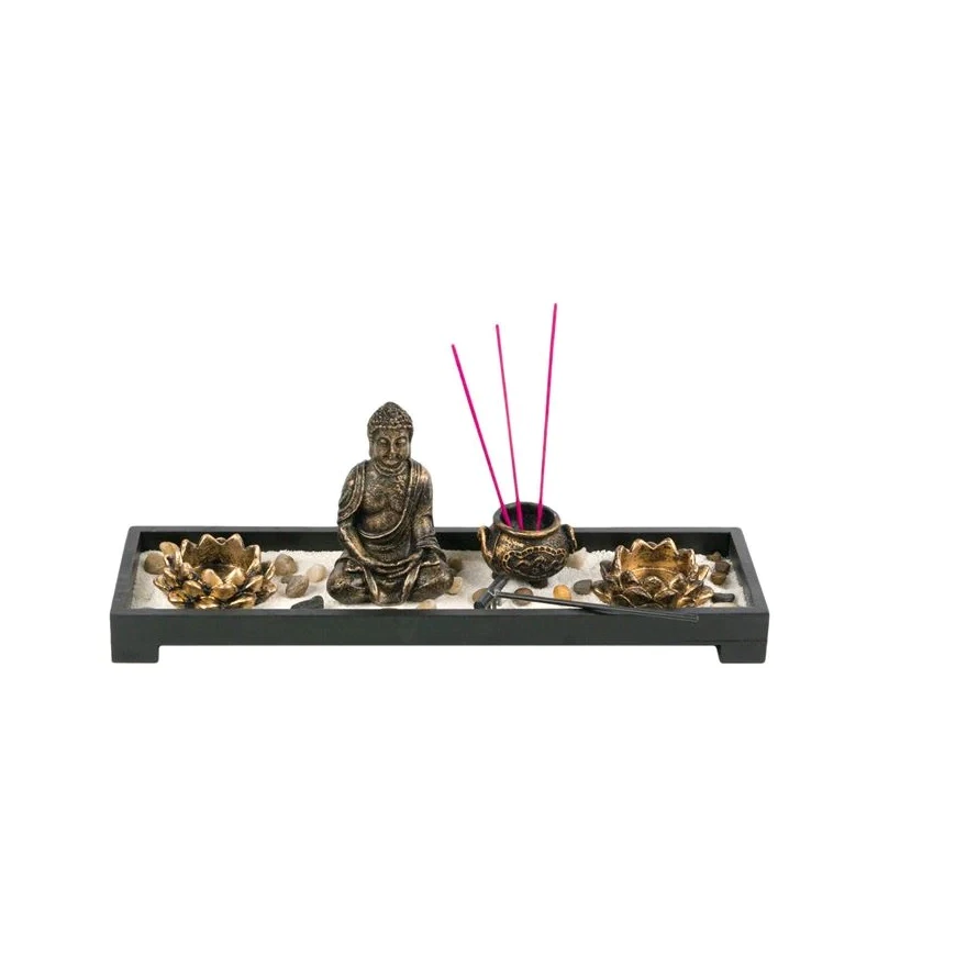 Set decorativ suport pentru lumanari si betisoare parfumate "Buddha", Negru-Bronz [0]