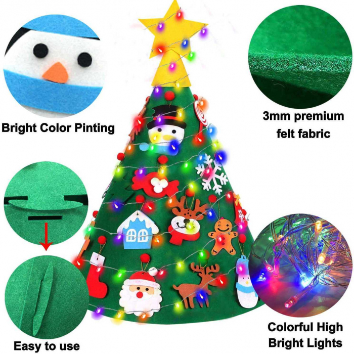 Brad de Craciun din Fetru model Conic 3D, 75x50 cm, 18 decoratiuni si banda LED inclusa Bambinice BN038 [3]