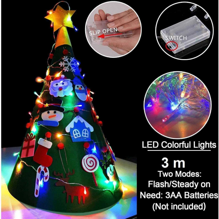 Brad de Craciun din Fetru model Conic 3D, 75x50 cm, 18 decoratiuni si banda LED inclusa Bambinice BN038 [4]