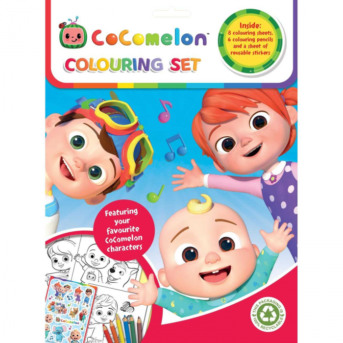 Set 8 fise de colorat cu stickere si 6 creioane Cocomelon Colouring Set Alligator AB3310CMCS2 [1]