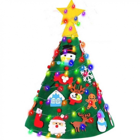 Figurine si decoratiuni Craciun - Brad de Craciun din Fetru model Conic 3D, 75x50 cm, 18 decoratiuni si banda LED inclusa Bambinice BN038