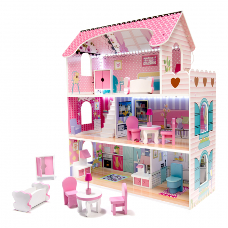 Casute papusi - CASA DE PAPUSI DIN LEMN MDF 70CM LED ROZ