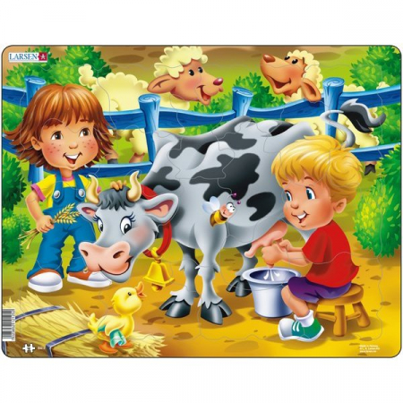 JOCURI SI JUCARII - Puzzle Copiii la Ferma cu Vaca, 18 Piese Larsen LRBM5