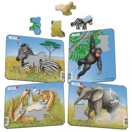 JOCURI SI JUCARII - Set 4 Puzzle-uri Animale: Leu, Elefant, Maimuta, Zebra, 9 piese Larsen LRM9-NO