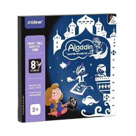 SCOALA SI GRADINITA - Set educativ 2 in 1: Scratch art si proiector poveste Aladin si lampa fermecata Mideer MD4149