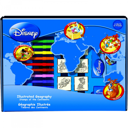 Seturi pictura si desen - Set educativ cu stampile Geografia Disney 23 piese, 7 stampile, tus, 12 carioci, rigla, harta lumii si caiet cu activitati Multiprint MP1938