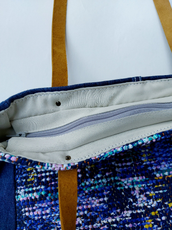 Geanta handmade de umar model dungi bleumarin galben jeans reciclat [4]