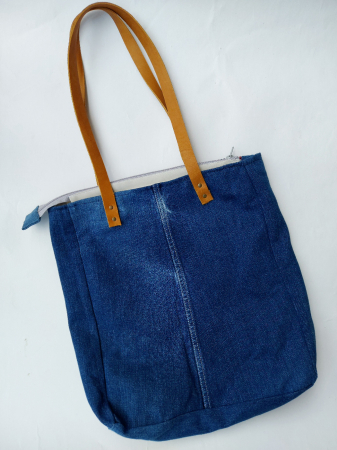 Geanta handmade de umar model dungi bleumarin galben jeans reciclat [3]