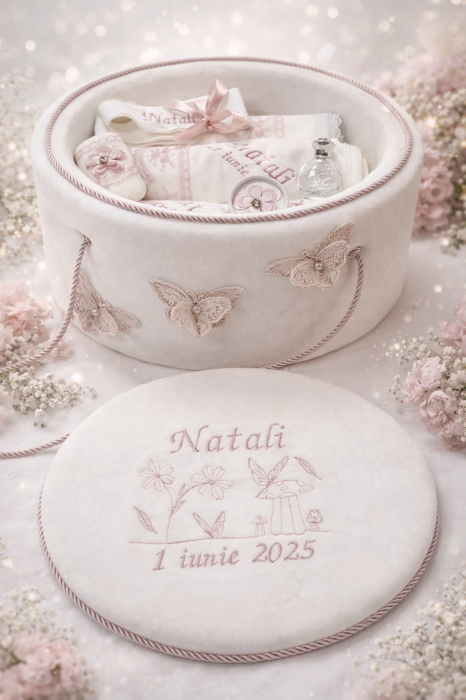 Trusou botez - alb cu fluturi si flori roz [2]