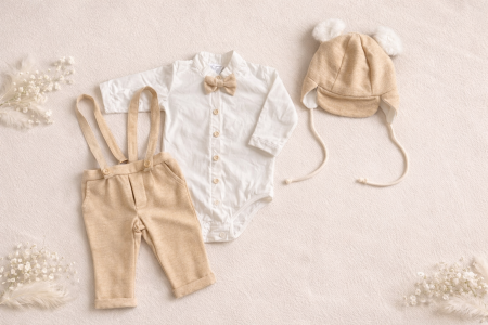 Costum de botez catifelat beige [2]