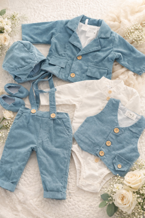 Costume - Costum botez din catifea raiata bleu - 3 piese