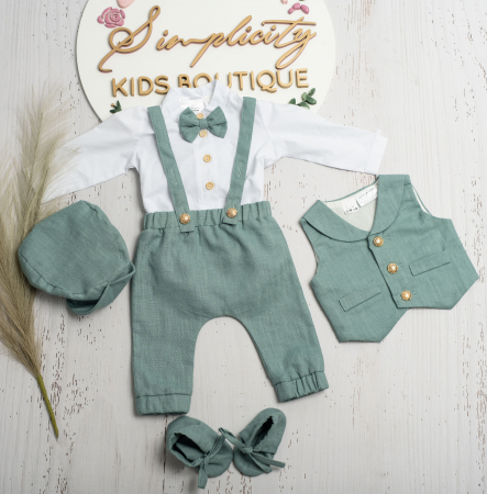 Baietei  - Costum botez băieți menta  - 3 piese