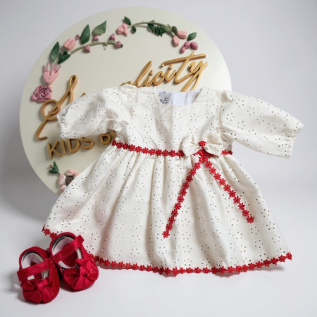 Rochii - Rochie botez fetite ivoire cu dantela rosie