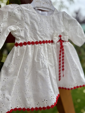 Rochii - Rochie botez fetite ivoire cu dantela rosie