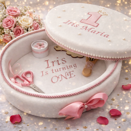 Set aniversar alb cu funda roz si capac