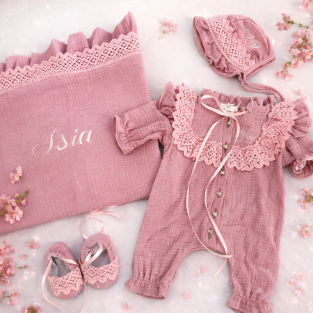 Rochii Botez Fetite - Set nou-nascut roz personalizat cu broderie