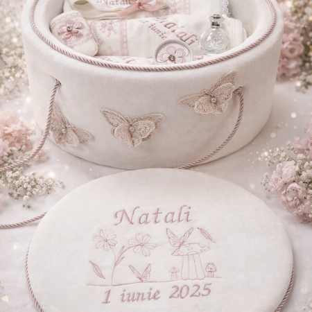 Trusouri botez fetite - Trusou botez - alb cu fluturi si flori roz