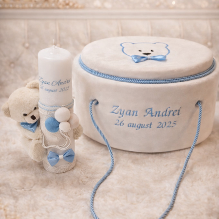 Trusouri botez baieti - Trusou botez elegant cu ursulet alb si bleu